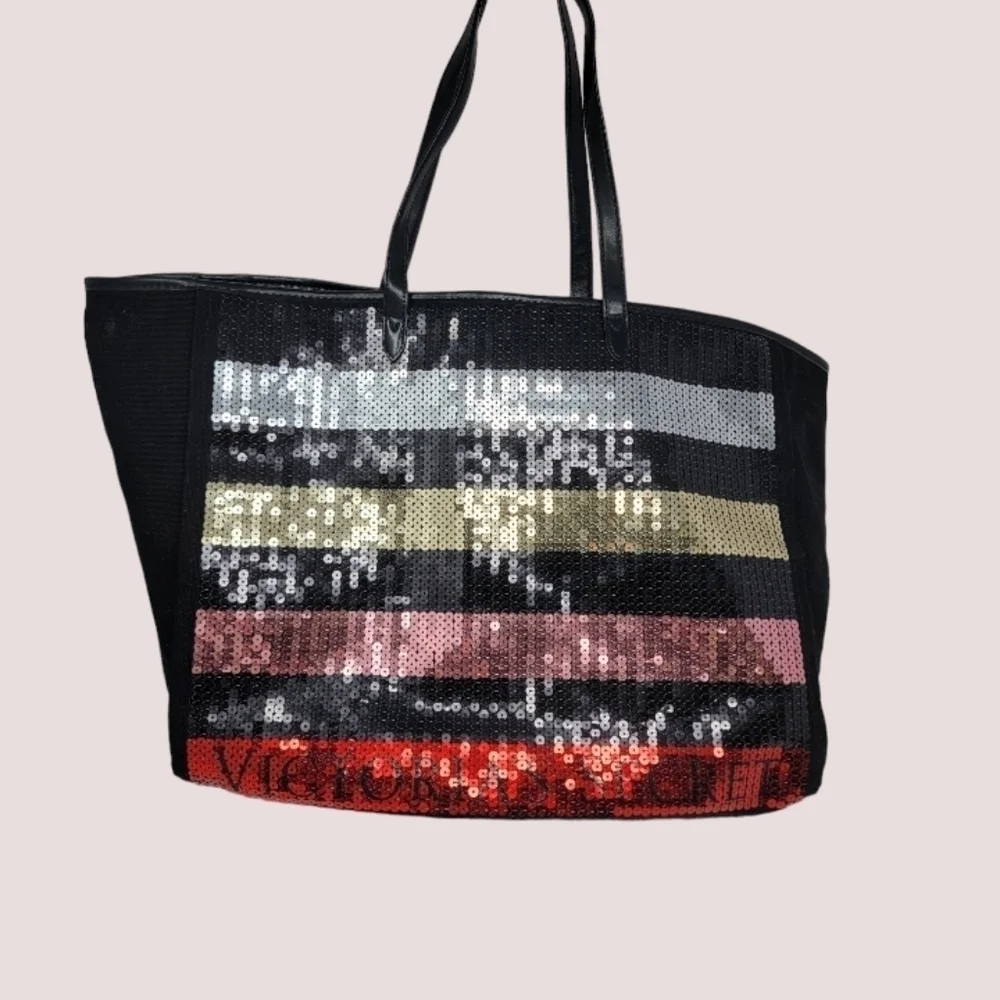Victoria's Secret Sequined Spellout Logo Striped on Black Large Tote Bag T16